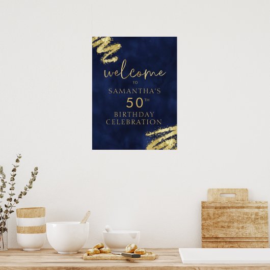 Navy Blue en Gold Verjaardag Welkom Poster 18x24 (Keuken)