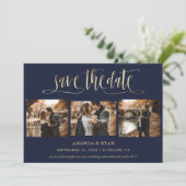 Navy Blue en Gold Wedding 4 Foto slaat de datum op Save The Date (Staand voorkant)