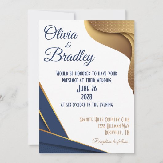 Navy Blue en Gold Wedding Kaart (Voorkant)