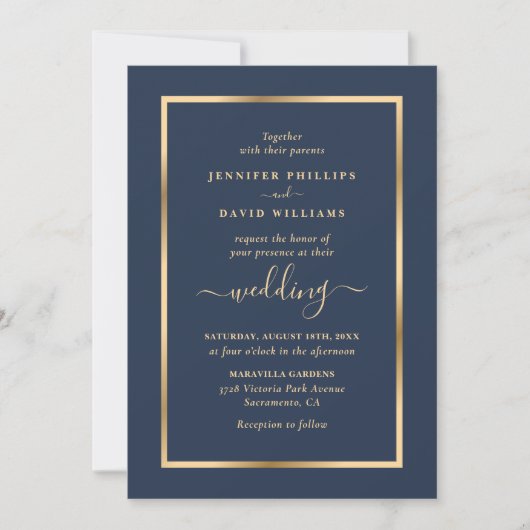 Navy Blue en Gold Wedding Kaart (Voorkant)