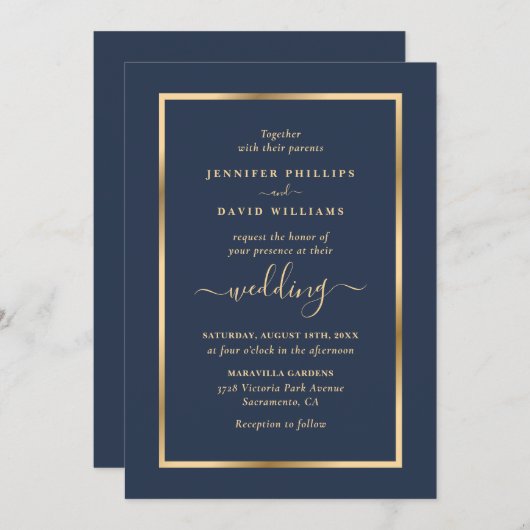 Navy Blue en Gold Wedding Kaart (Voorkant / Achterkant)