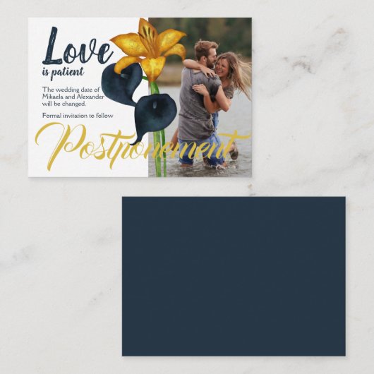 Navy Blue en Gold Wedding Postponement Advieskaart (Voorkant / Achterkant)