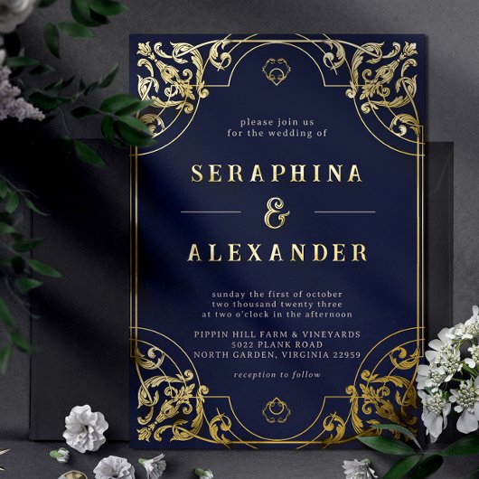   | Navy Blue en Gold Wedding Real Folie Uitnodiging