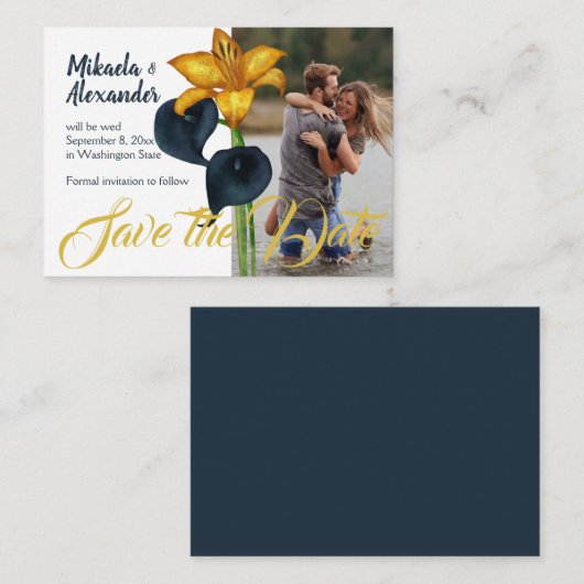 Navy Blue en Gold Wedding Save-the-Date Advieskaart (Voorkant / Achterkant)