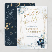 Navy Blue en Gold Wedding Save the Date Kaart (Voorkant / Achterkant)