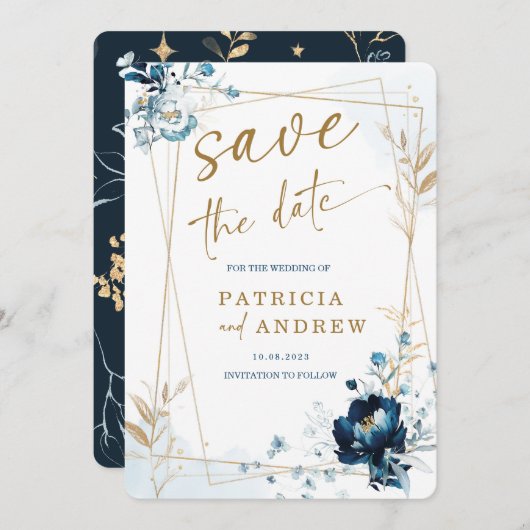 Navy Blue en Gold Wedding Save the Date Kaart (Voorkant / Achterkant)
