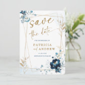 Navy Blue en Gold Wedding Save the Date Kaart (Staand voorkant)
