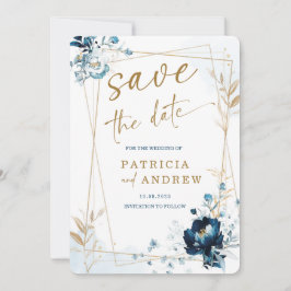 Navy Blue en Gold Wedding Save the Date Kaart