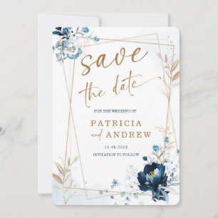 Navy Blue en Gold Wedding Save the Date Kaart