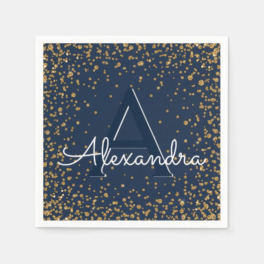 Navy Blue en Gouden Confetti Monogram Verjaardag Servet (Voorkant)