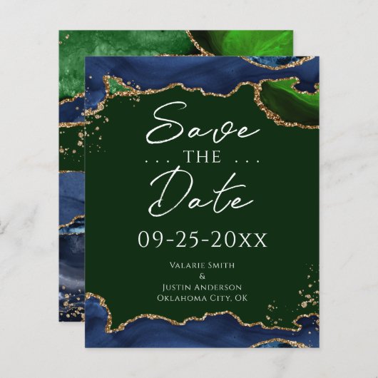 Navy Blue en Green Agate Save the Date (Voorkant / Achterkant)