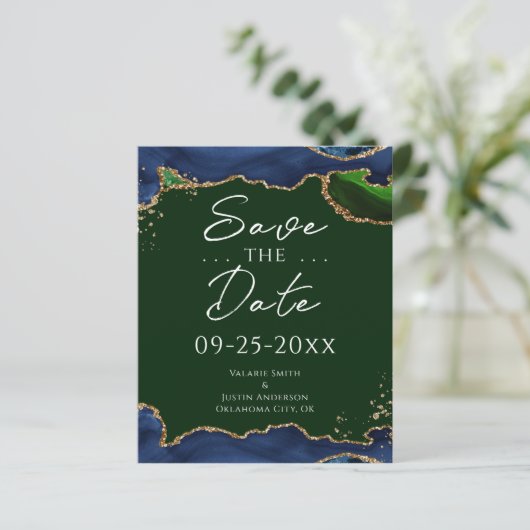 Navy Blue en Green Agate Save the Date (Staand voorkant)