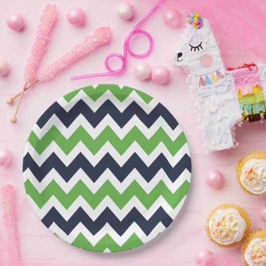 Navy Blue en Green Chevron Papieren Bordje (Feest)