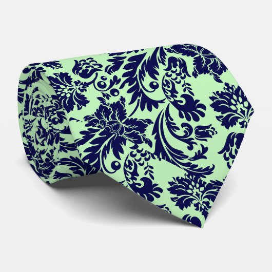 Navy-Blue en Green Floral Dammaskers Stropdas (Opgerold)