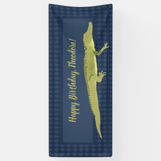 Navy Blue en Green Mannen Alligator Birthday Party Spandoek (Verticaal)