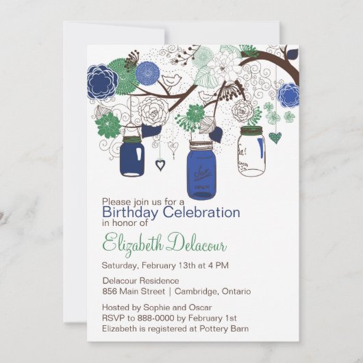 Navy Blue en Green Mason Jars Birthday Invitation Kaart (Voorkant)