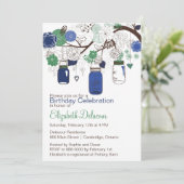 Navy Blue en Green Mason Jars Birthday Invitation Kaart (Staand voorkant)