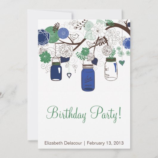 Navy Blue en Green Mason Jars Birthday Invitation Kaart (Achterkant)