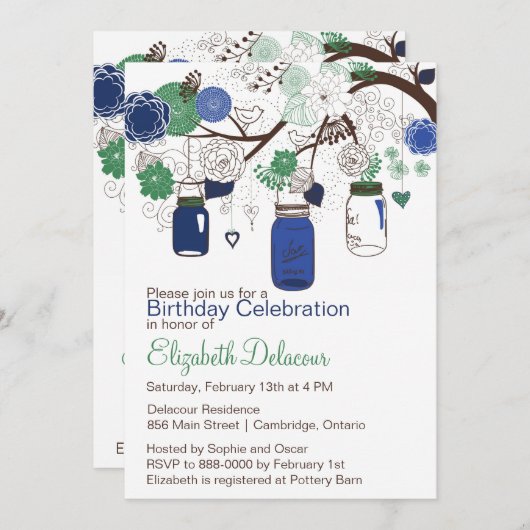 Navy Blue en Green Mason Jars Birthday Invitation Kaart (Voorkant / Achterkant)