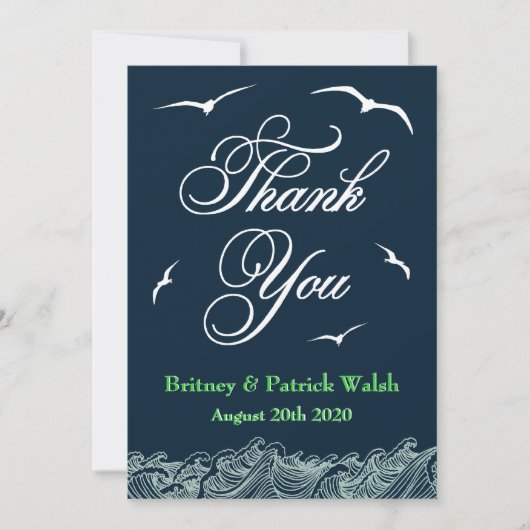 Navy Blue en Green Nautical Wedding Bedankt kaarte (Voorkant)