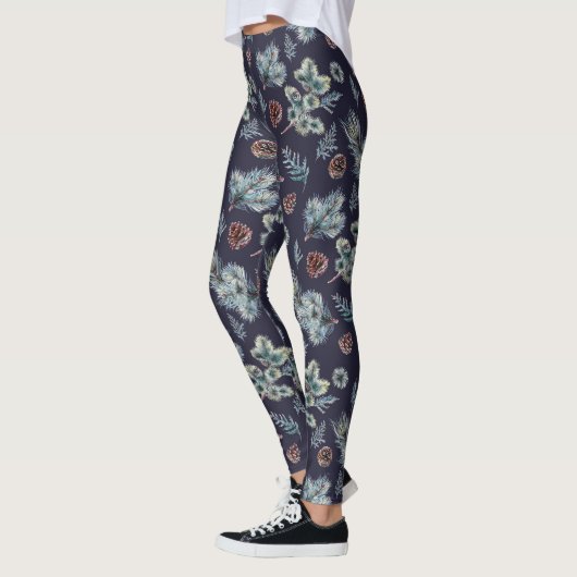 Navy Blue en Green Pine Tree geïllustreerde Leggin Leggings (Links)