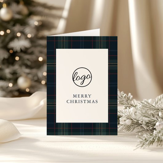 Navy Blue en Green Plaid Zakelijke Kerstmis Feestdagen Kaart