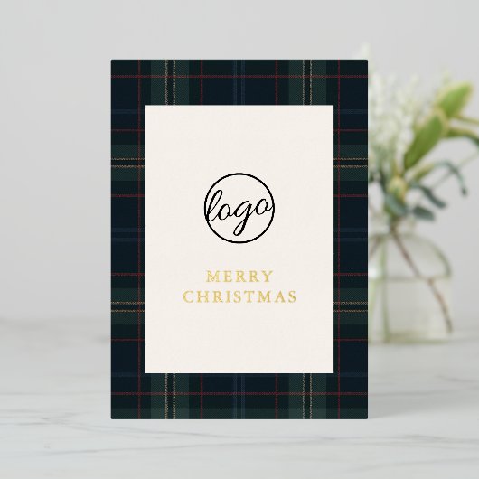 Navy Blue en Green Plaid Zakelijke Kerstmis Folie Feestdagenkaart (Staand Voorkant)