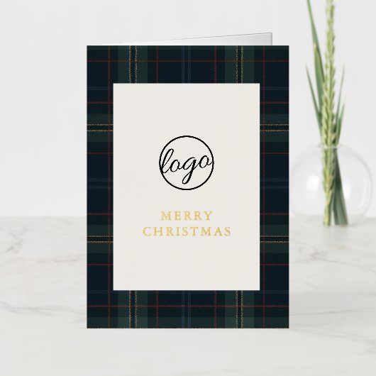 Navy Blue en Green Plaid Zakelijke Kerstmis Folie Feestdagenkaart (Voorkant)