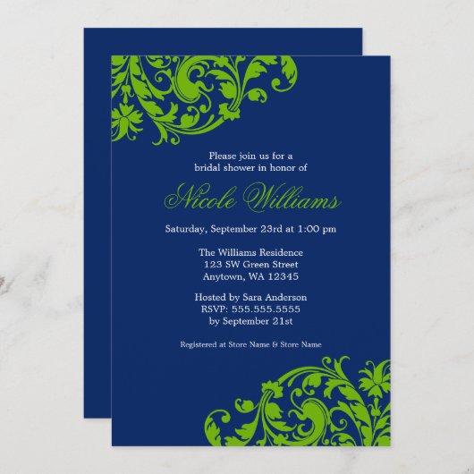 Navy Blue en Green Swirl Flourish Vrijgezellenfees Kaart (Voorkant / Achterkant)