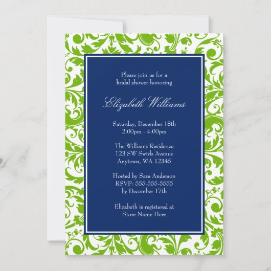 Navy Blue en Green Swirls Damask Vrijgezellenfeest Kaart (Voorkant)