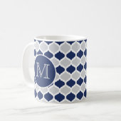 Navy Blue en Grey Quatrefoil Monogram Koffiemok (Voorkant links)