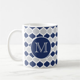 Navy Blue en Grey Quatrefoil Monogram Koffiemok