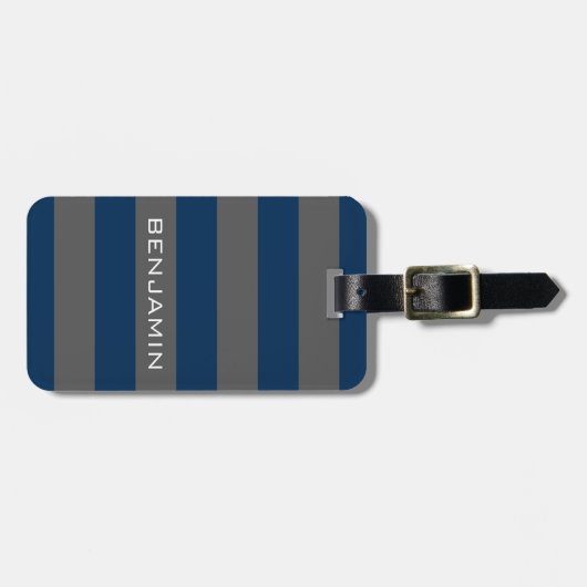 Navy Blue en Grey Rugby Stripes met aangepaste naa Bagagelabel (Voorkant horizontaal)
