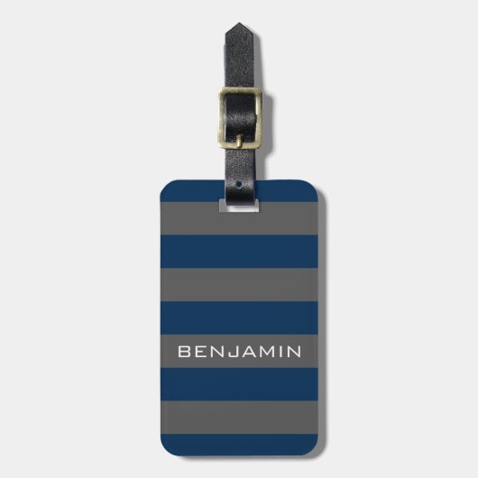 Navy Blue en Grey Rugby Stripes met aangepaste naa Bagagelabel (Voorkant verticaal)