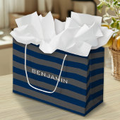 Navy Blue en Grey Rugby Stripes met aangepaste naa Large Cadeautasje