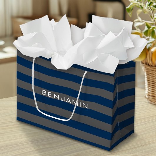 Navy Blue en Grey Rugby Stripes met aangepaste naa Large Cadeautasje