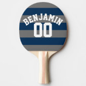 Navy Blue en Grey Rugby Stripes Name Number Tafeltennisbatje (Voorkant)
