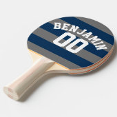 Navy Blue en Grey Rugby Stripes Name Number Tafeltennisbatje (Voorkant Gekanteld)