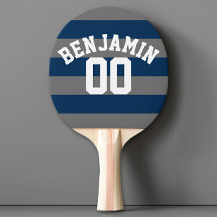 Navy Blue en Grey Rugby Stripes Name Number Tafeltennisbatje