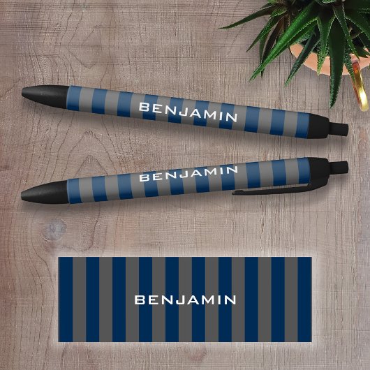 Navy Blue en Grey Rugby Stripes Name Number Zwarte Inkt Pen