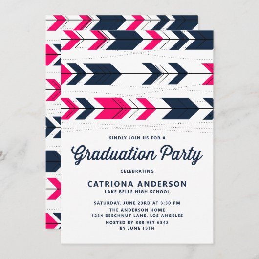 Navy Blue en Hot Pink Modern Arrows Afstuderen Kaart (Voorkant / Achterkant)