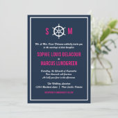 Navy Blue en Hot Pink Nautical Monogram Weddenscha Kaart (Staand voorkant)