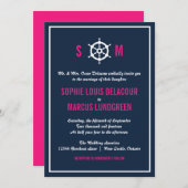 Navy Blue en Hot Pink Nautical Monogram Weddenscha Kaart (Voorkant / Achterkant)