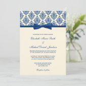 Navy Blue en Ivory Damask Bow Wedding Kaart (Staand voorkant)