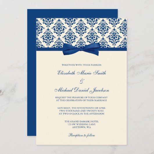 Navy Blue en Ivory Damask Bow Wedding Kaart (Voorkant / Achterkant)