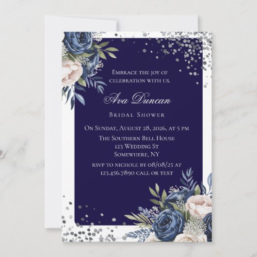 Navy Blue en Ivory Floral Vrijgezellenfeest Kaart (Voorkant)