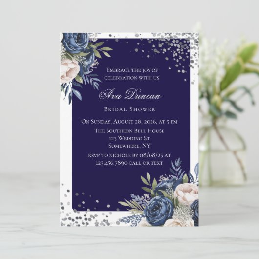 Navy Blue en Ivory Floral Vrijgezellenfeest Kaart (Staand voorkant)