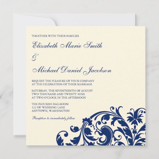 Navy Blue en Ivory Flourish Swirl Wedding Kaart (Voorkant)