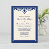 Navy Blue en Ivory Flourish Wedding Invitations Kaart (Staand voorkant)