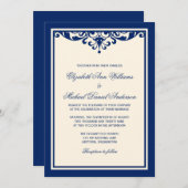 Navy Blue en Ivory Flourish Wedding Invitations Kaart (Voorkant / Achterkant)